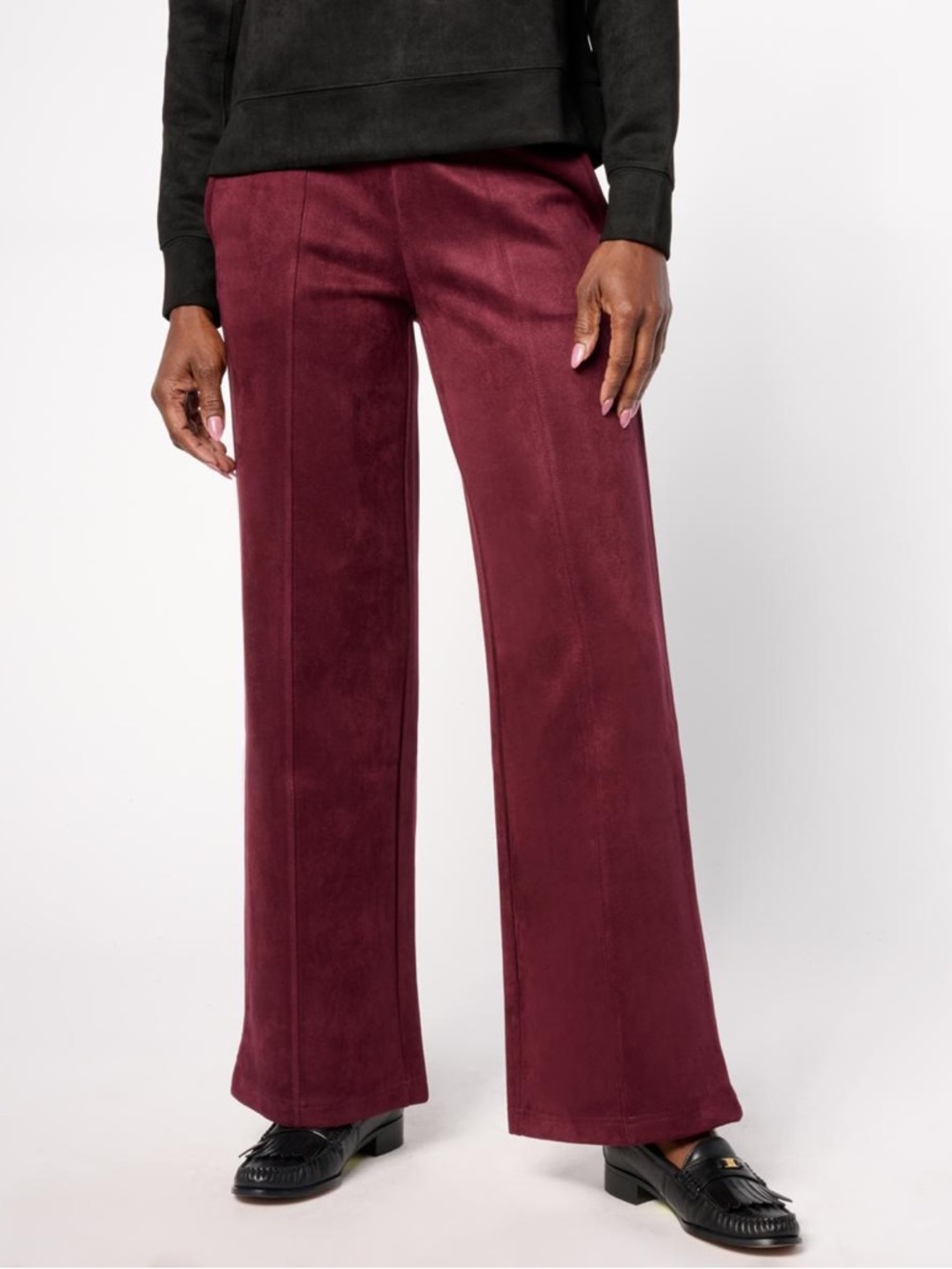 Wide-Leg Ponte Pants in Wine Faux Suede